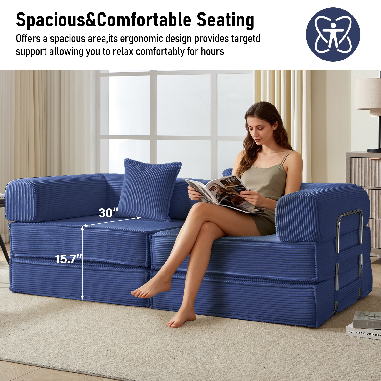 Convertible Corduroy Sleeper Sofa Bed With Two Pillows Blue_voghion.com